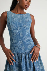 Kodi Medium Wash Floral Denim Drop Waist Mini Dress