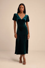 Obrissa Slate Blue Velvet Puff Sleeve Tie-Back Midi Dress