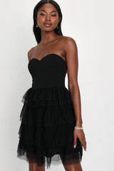 Fabulous Thoughts Wine Red Tulle Strapless Tiered Mini Dress