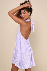 Pretty Aura Yellow Satin Plisse Mock Neck Mini Swing Dress