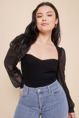 Sensational Sweetheart Black Ribbed Balloon Sleeve Bodysuit