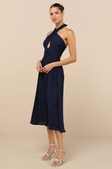 Emrah Red Cross-Front Cutout Halter Midi Dress