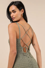 Ventura Vision Olive Green Crochet Lace-Up Midi Dress