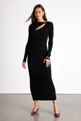 Mattea Grey Ribbed Cutout Long Sleeve Sweater Midi Dress