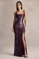 High Life | Plum Sequin Square-Neck Maxi Dress With Front-High Split