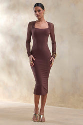Off Track | Brown Bodycon Midi Dress With Sheer Sleeves