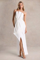 Dreamy Whispers | Cream Strapless Ruffle Split Maxi Dress
