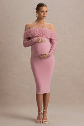 Adita | Blush Pink Mesh Floral Bardot Maternity Midi Dress