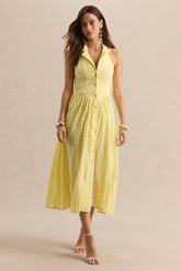 Jezebel | Yellow Lace Plunge-Neck Collared Midi Dress
