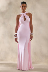 Rhoda | Light Pink Twist Halter-Neck Cape Maxi Dress