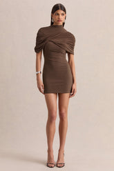 Perdi | Brown Bodycon Mini Dress With Twisted Cape