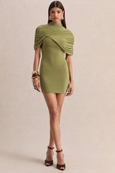 Perdi | Olive Bodycon Mini Dress With Twisted Cape