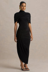Enchant | Black Asymmetric Twisted Cape Midi Dress