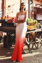 Lucie | Red Ombre Satin Cowl-Neck Maxi Dress