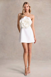 Daffodil | White Bandeau Mini Dress With Large Floral Corsage
