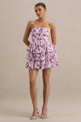 Swirl | Cream Floral Print Bandeau Puffball Mini Dress With Ruffle Detail