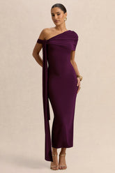 Praia | Plum Asymmetric-Neck Midi Dress With Sash and Draped Detailing