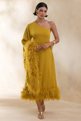 Destiny | Yellow Satin Asymmetric-Neck Midi Dress With Feather Details