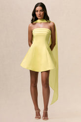Love Me | Lemon Satin Skater Mini Dress With Chiffon Scarf