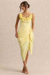 Letitia | Lemon Scoop-Neck Embellished Wrap Midi Dress