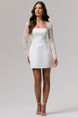 Bijou | White Square-Neck Lace Long-Sleeve Mini Dress