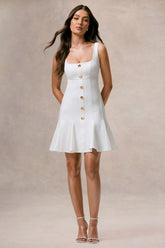 Love Yourself | White Square-Neck Mini Dress With Buttons