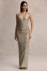 Gio | Champagne Sequin Plunge-Neck Wrap Maxi Dress With Ruched Detailing