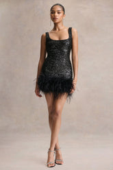 Rosalinda | Black Sequin Square-Neck Mini Dress With Feather Trim