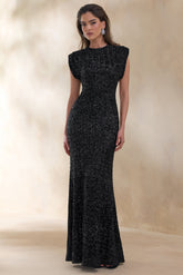 Aurah | Black Sequin Crew-Neck Maxi Dress With Cap Sleeves