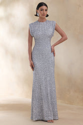 Aurah | Silver Sequin Crew-Neck Maxi Dress With Cap Sleeves