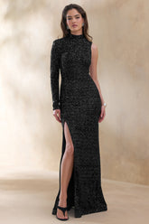 Mery | Black Sequin High-Neck Wrap Maxi Dress With One-Long Sleeve