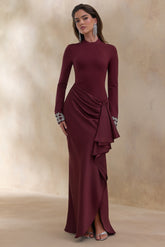 Starred | Burgundy Crew-Neck Maxi Dress With Drop-Waist And Satin Wrap-Skirt