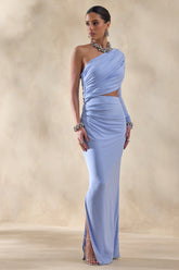 Malika | Powder Blue Asymmetric-Neck Maxi Dress With Body-Cut Out And Gathered Detailing