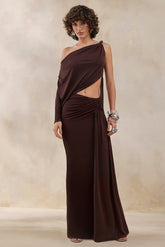 Layla | Brown Asymmetric-Neck Wrap Maxi Dress With Body Cut-Out And Ruched Detailing