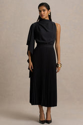 Jimena | Black High-Neck Midi Dress With One-Long Sleeve And Pleated Detailing