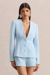Rosalina | Light Blue Extreme-Plunge Neck Tailored Blazer