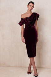 High End | Burgundy Velvet Asymmetric-Neck Midi Dress With Draped Detailing