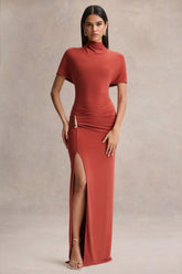 Arlena | Rust High-Neck Wrapped Maxi Dress