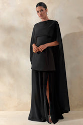 Chessa | Black Slashed-Neck Maxi Dress With Sheer Cape