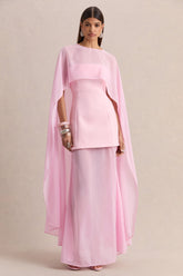 Chessa | Light Pink Boat-Neck Maxi Dress With Sheer Cape