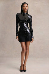 North | Black Sequin High-Neck Mini Dress With Pleats