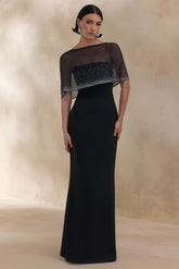 Everly | Black Hand-Embellished Cape-Sleeve Maxi Dress
