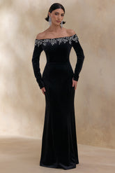 Fern | Black Velvet Embellished Bardot-Neck Maxi Dress