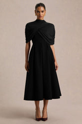 Thalia | Black High-Neck Midi Dress With Sheer Mesh Cape
