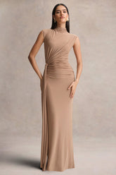 Solene | Brown High-Neck Maxi Dress With Wrap And Drape Detail
