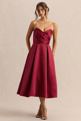 Promises | Red Satin Bandeau-Neck Midi Dress