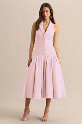 Elise | Light Pink Plunge-Neck Midi Dress With Drop-Waist