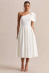 Meria | White Asymmetric-Neck Midi Dress With Bow-Sleeve