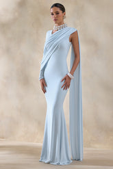Rubelle | Powder Blue Asymmetric-Neck Maxi Dress With Draped-Detailing