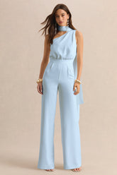 Gliselle | Powder Blue Asymmetric-Neck Jumpsuit With Scarf-Detail